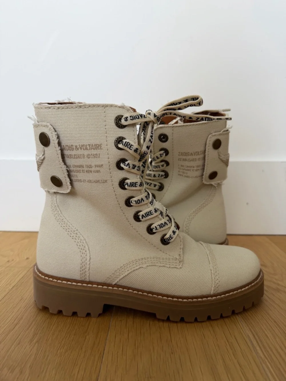 New Zadig & Voltaire Beige Canvas Lace-Up Combat Boots with Branded Laces - Picture 3 of 6